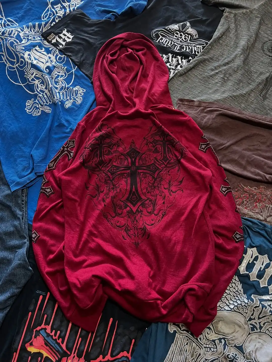 Y2K Clothing Affliction Red Masonry Design Hoodie New Retro Pattern Oversize Zipper Hoodie Hip Hop Personality Casual Sweatshirt