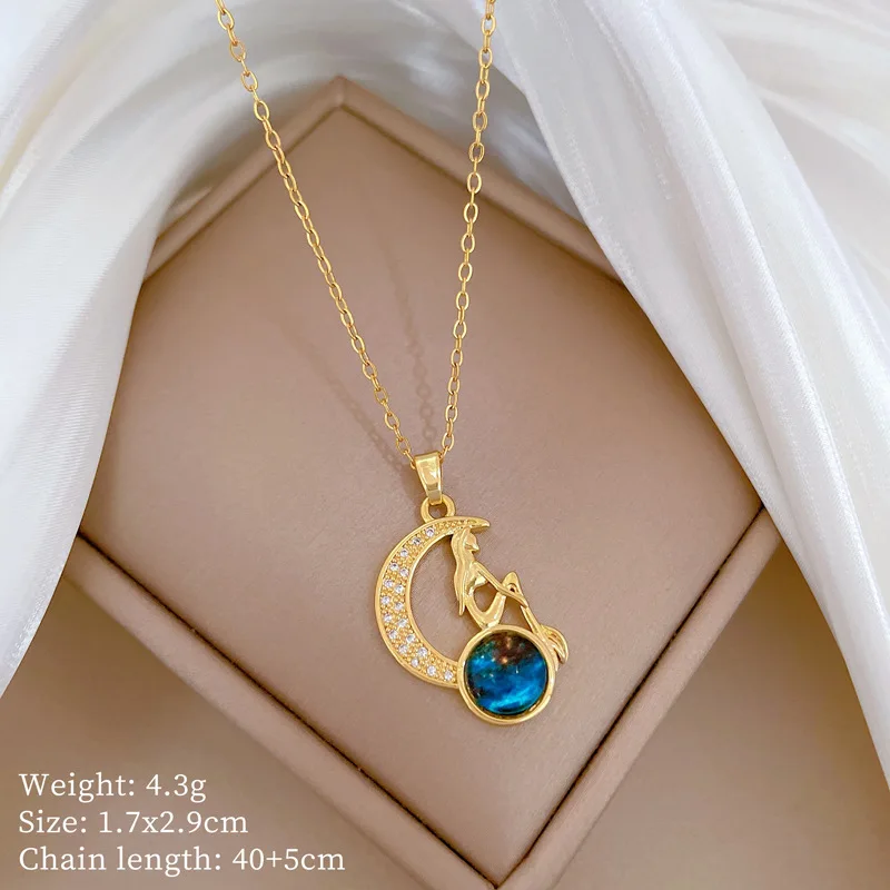 XIYANIKE 316L Edelstahl Mond Blau Sternenhimmel Kristall Mädchen Porträt Anhänger Halskette Frauen Elegantes Design Schlüsselbein Kette