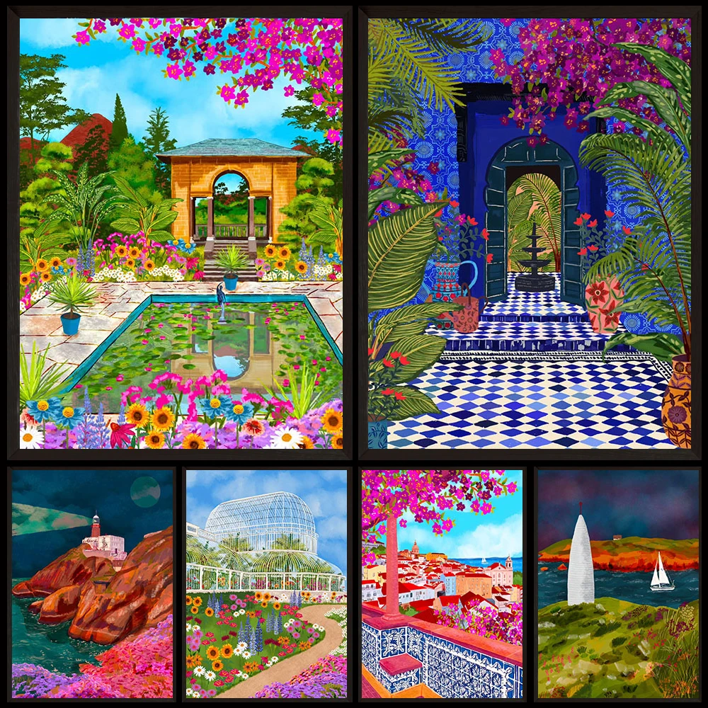 Colorful Travel Landscape Canvas Wall Art Moroccan Door Lisbon Town Lighthouse Garden Painting Boho Scenery Print Poster