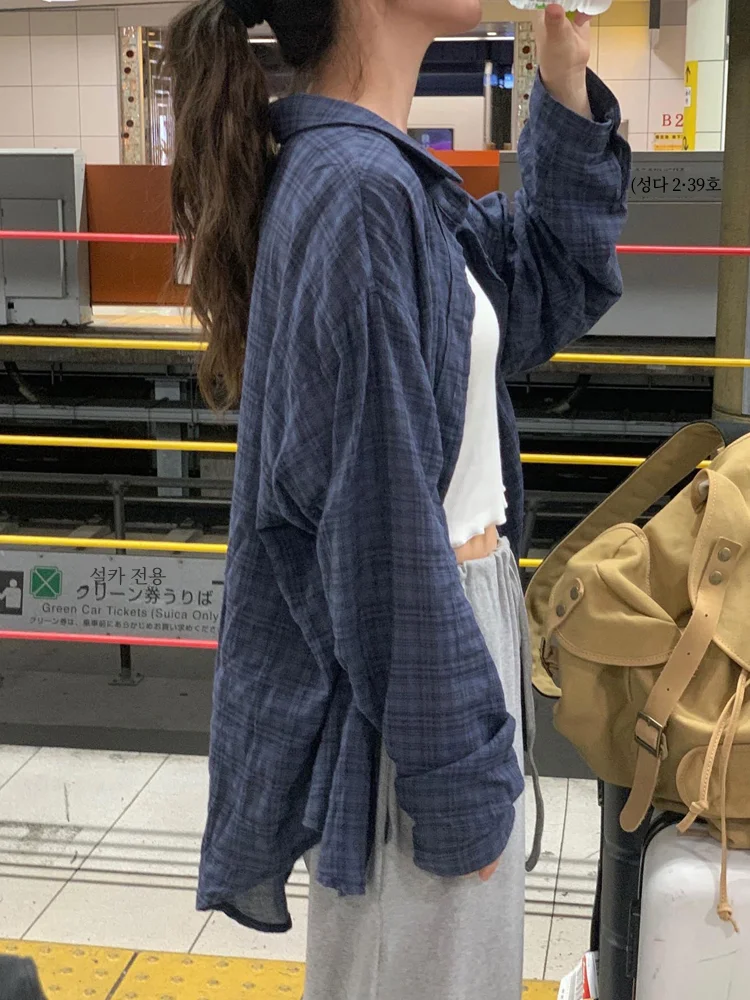 Retro Plaid Shirts Women Korean Sle Autumn New Design Loose Shirt Outerwear Outdoor Long sleeve Mid-Length Top