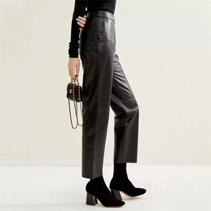 Hand Woven Real Leather Pencil Pants Women Fashion Minimalist High Waisted Diagonal Pocket Long Pants Slim Straight Tube