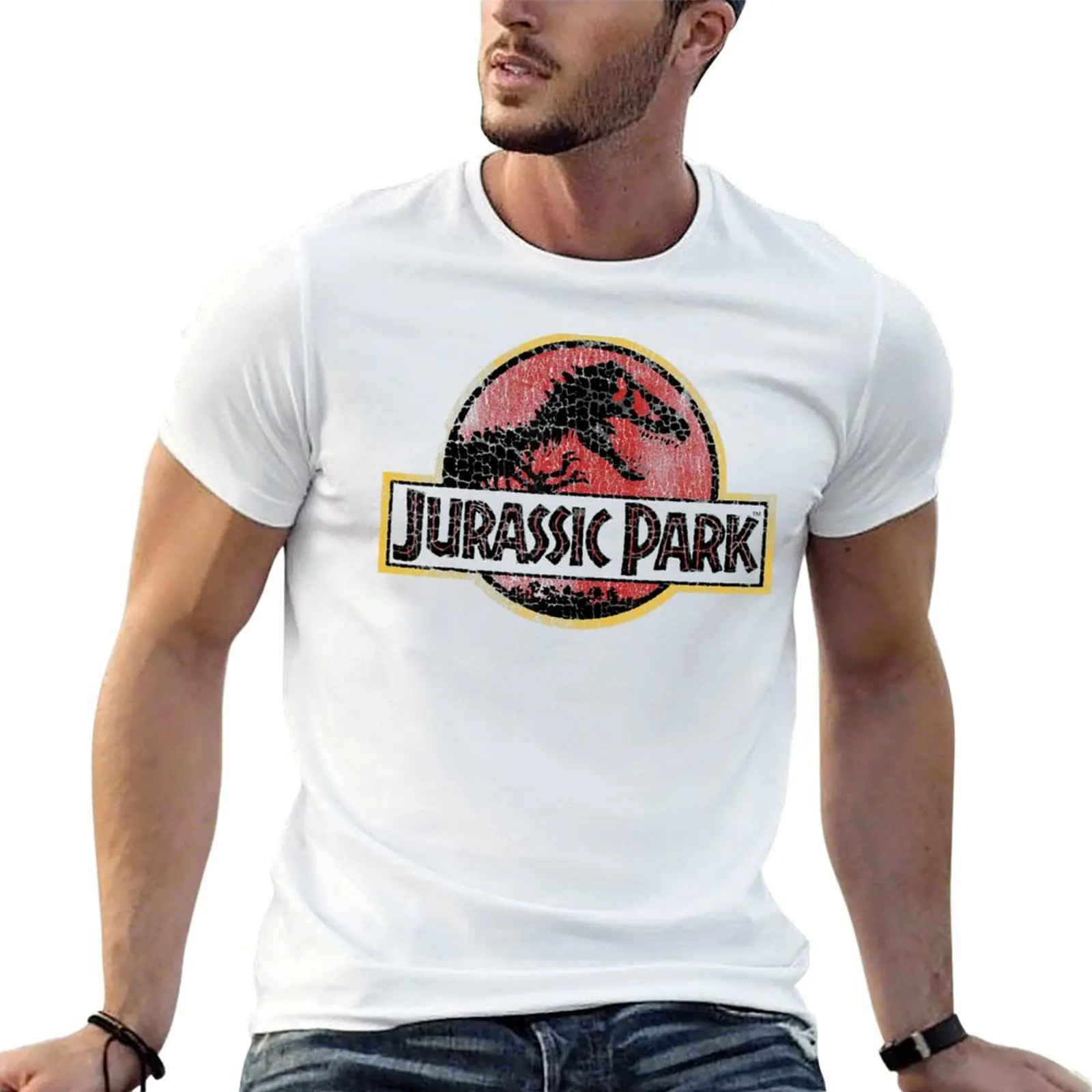 Jurassics Park Blue & Purple Fossil Logo Graphic T-Shirt Casual Loose Short Sleeve Tee for Men