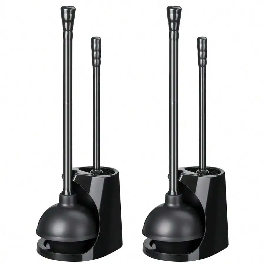2-In-1 Plastic Toilet Plunger and Bowl Brush Set with Space Saving Holder Heavy Duty Suction Plunger Stiff Bristle Brush Long Handle Bathroom Cleaning Tools Plumbing Organizer Household Accessories Washroom Fixtures 2Pcs