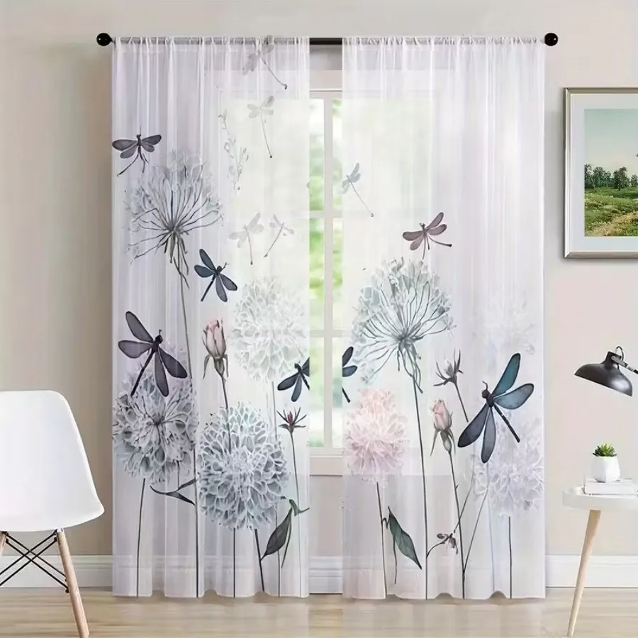 2PCS Digital Print Sheer Curtain, Dragonfly Dandelion Flower Nature Garden Window Drapes for Living Room Bedroom Home Decor