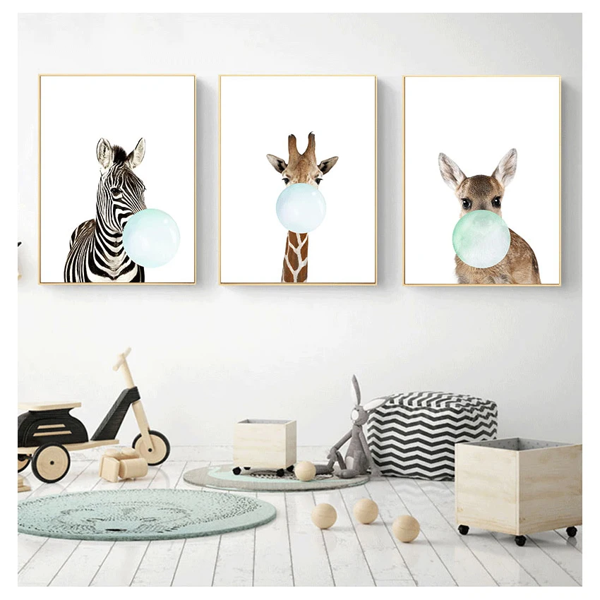 Giraffe Koala Kangaroo Canvas Art Abstract Painting Print Poster Picture Wall Home Decoration Cute Blue Bubble Gum Animal Zebra