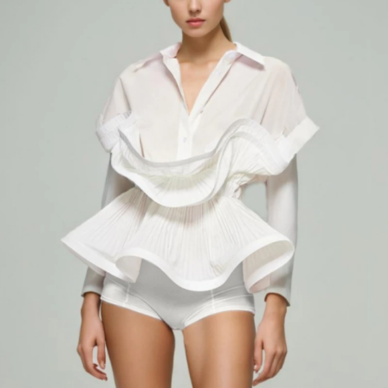 

Solid Button Shirts For Women Lapel Short Sleeve Patchwork Ruffles Elegant Chic Blouse Female Summer Fashion Clothing