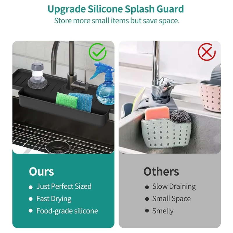 Kitchen Sink Splash Guard Upgraded Faucet Water Catcher Tray Sink Sponge Holder Black