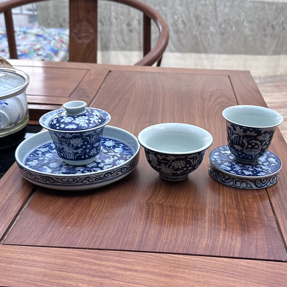 

Jingdezhen Handmade Firewood Kiln Blue One Heron Liansheng Gaiwan Tea Cup Pot Tray Two Small Cover Bowl Kung Fu Rock