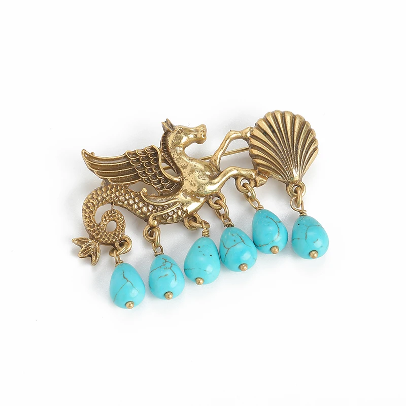 Vintage Flying Horse Turquoise Tassel Brooches For Woman Luxury Brand Jewelry Retro Style Accessories High Quality Gift Party