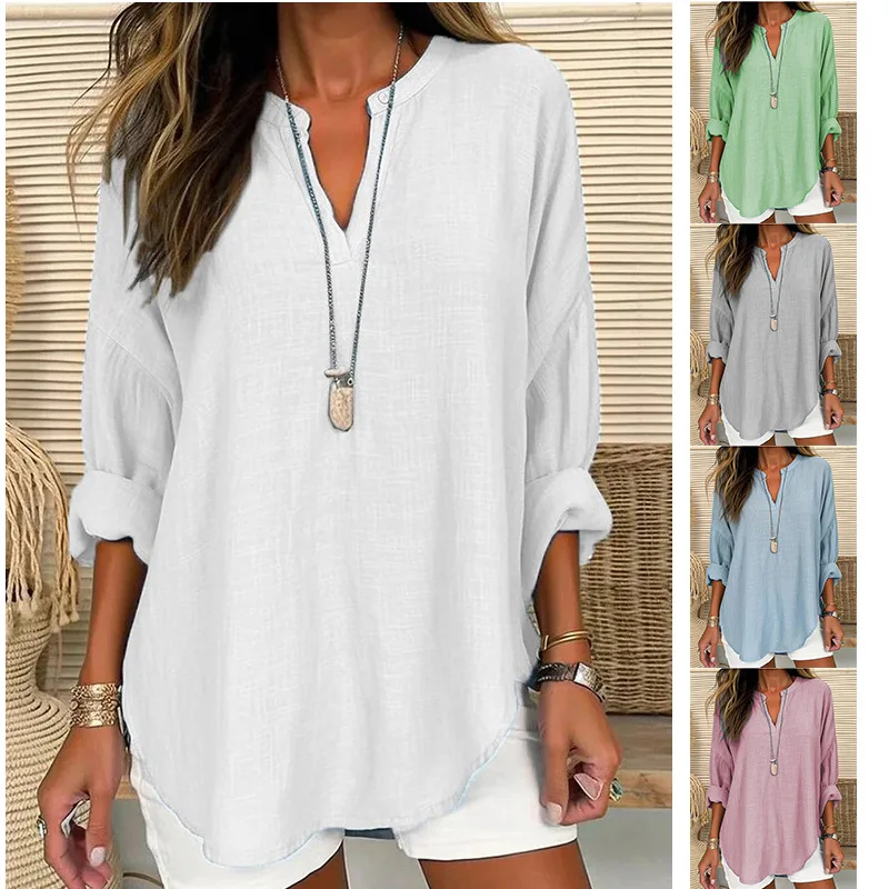 Women Summer Loose V Neck Tunic Top Rolled Sleeve Cotton Linen Blend Solid Color Casual Blouse Shirt with Curved Hem
