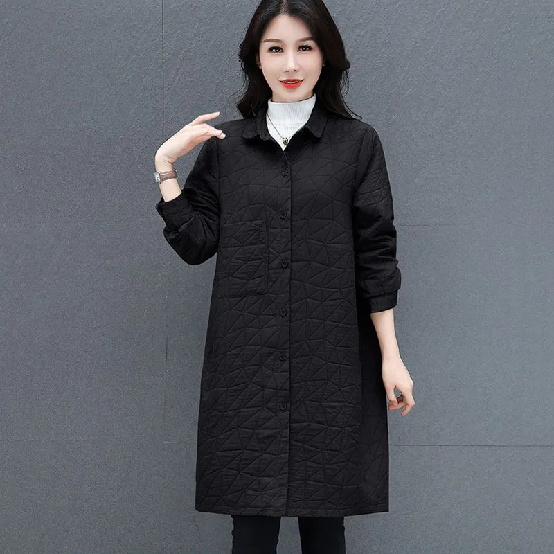 New Spring Autumn Light Thin Padded Jacket Female Long Down Cotton Coat Middle-aged women\'s Loose Rhomboid Casual Cotton Clothes