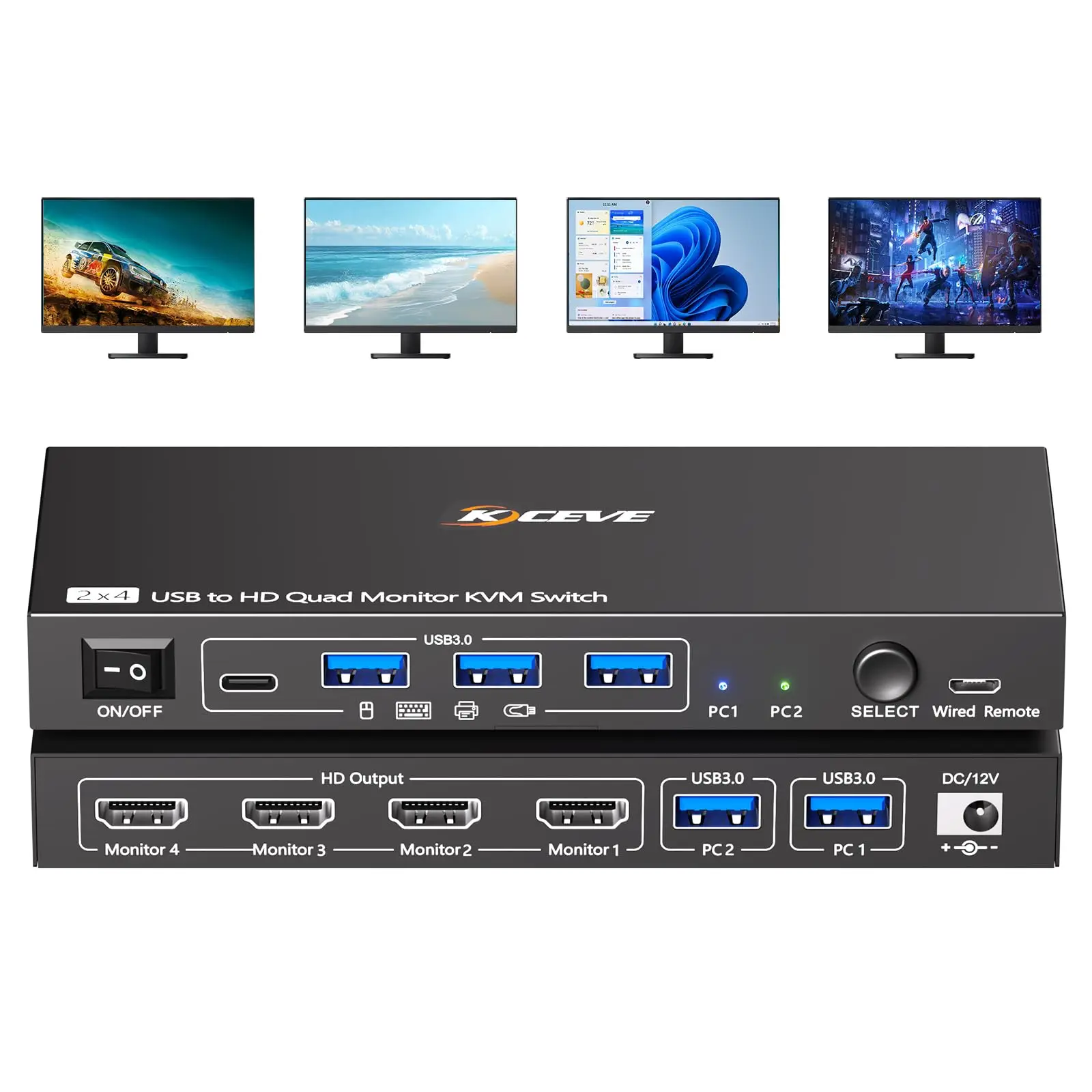 

4 Monitors KVM Switch 2/3/4 Computers HDMI 4K@60Hz,Displaylink Thunderbolt Dock Quad Monitor for 2/3/4 PC Share Keyboard Mouse