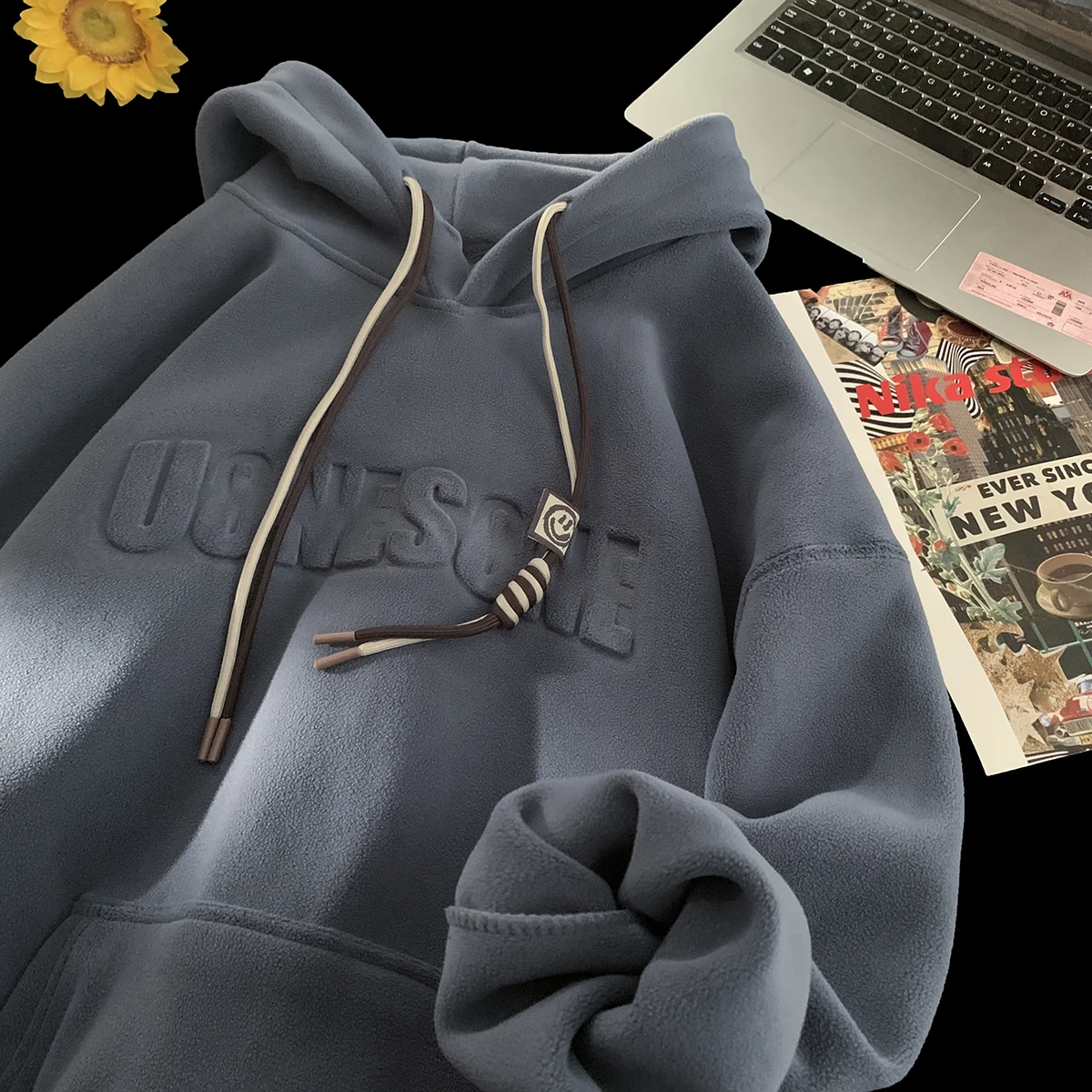 

Мужская двусторонняя флисовая толстовка с капюшоном, осенне-зимняя, утепленная, повседневная верхняя одежда в американском стиле, с принтом, плотная, с эффектом потертости