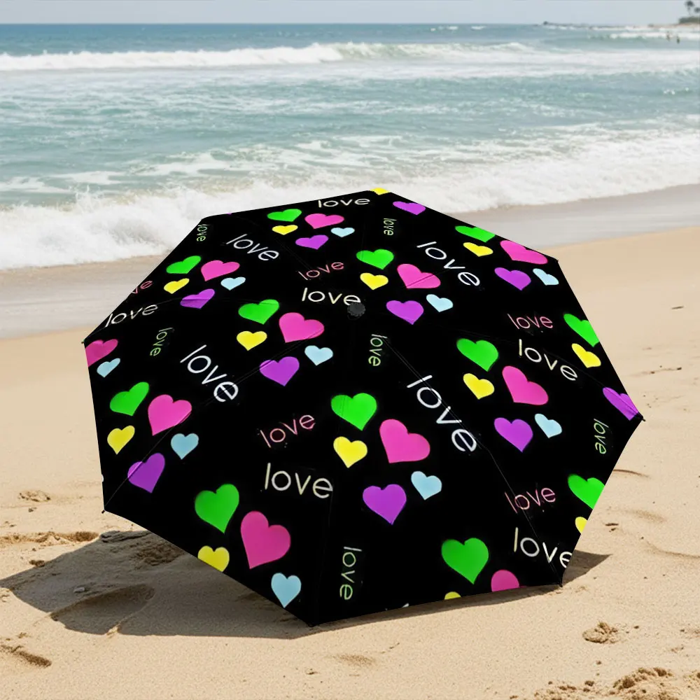 Colorful Heart and Love Text Print Umbrella Compact Fashion Folding Umbrella for Daily Use, Christmas Gift