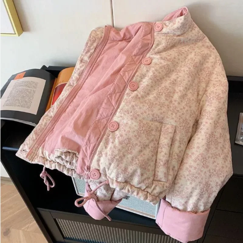 Printed Stand Up Collar Cotton Jacket For Women's Winter 2025 New Casual Loose Korean Version Sweet Warm Cotton Jacket
