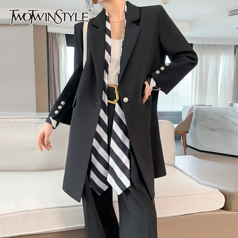 TWOTWINSTYLE Solid Slimming Blazer For Women Notched Long Sleeve Patchwork Striped Belted Blazers Female Fashion Style Clothes