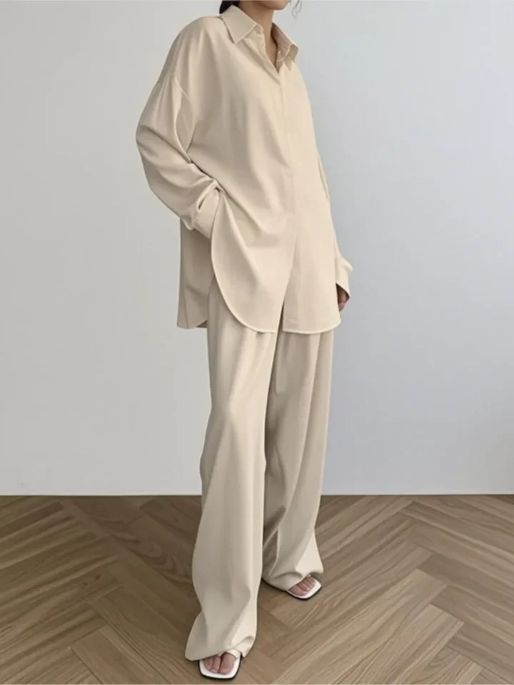 

Women's Long-sleeved Shirt Trousers 2-piece Set Casual Loose Cardigan Home Clothing Set Fashion Female Office Trousers Shirt Set