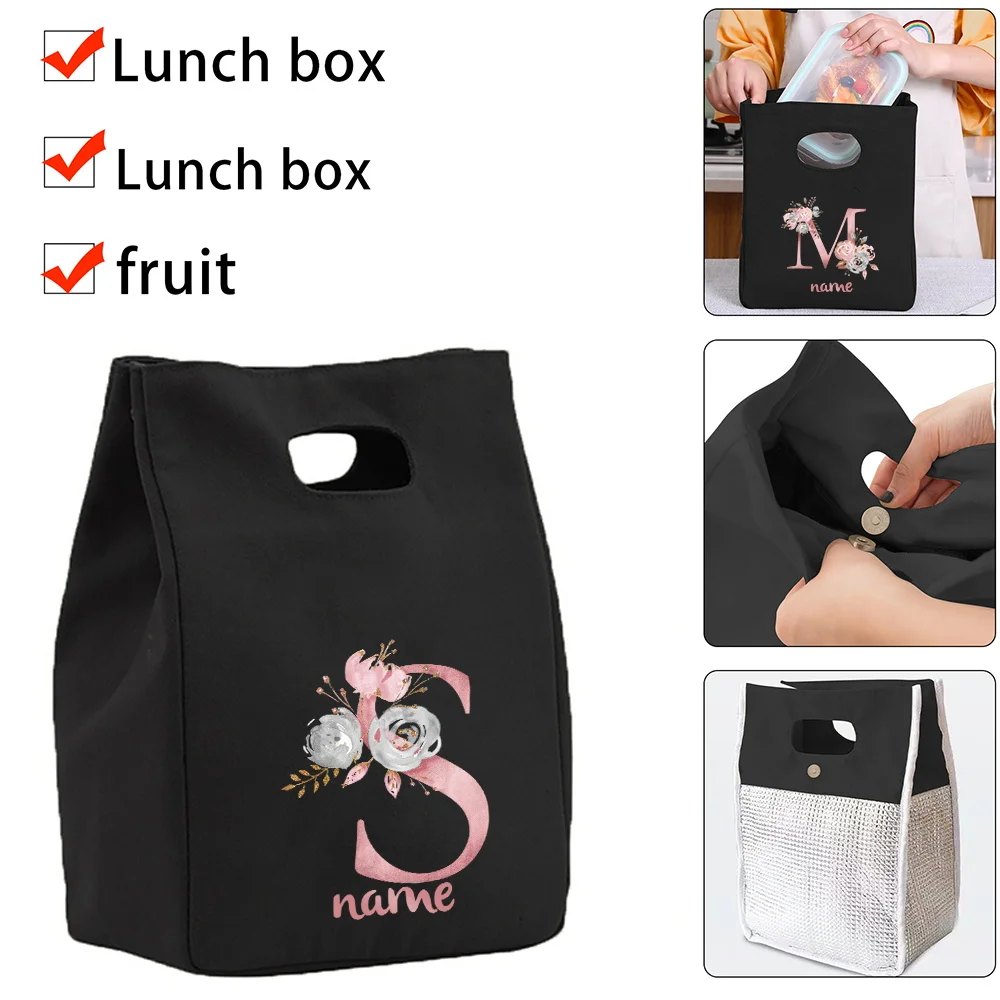 Personalized Customized Pink Letter Pattern Lunch Bag Bento Box Picnic Portable Food Insulation and Refrigeration Bag Storage