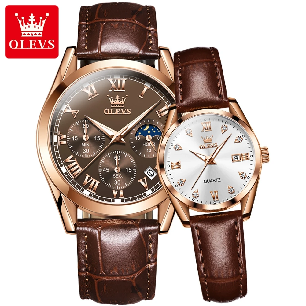 OLEVS Lover Watches Top Brand Luxury Couple Quartz Watch Waterproof Leather Strap Chronograph Watch for Women Men Couple Gift