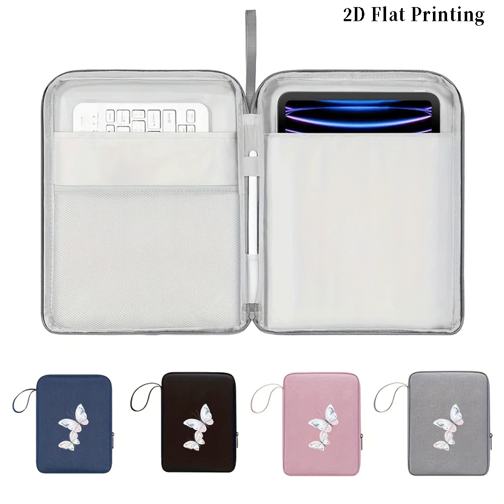 2D Flat Print Double Butterfly Grey iPad Sleeve, Shockproof Tablet Bag with Lanyard & Zipper, Simple Elegant Design for Commute