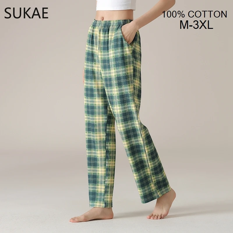 SUKAE 100% Cotton Women Bottoms Autumn Spring Full Pants Plaid Sleepwear Trousers Chic Printing Nightwear M-3XL Woman Homewear