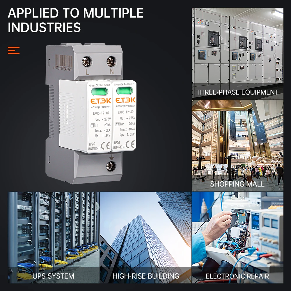 House Surge Protective Device House SPD Arrester 2P 3P 4P 2 Pole AC 220V 230V 275V 35mm Din Rail 40kA EKU5