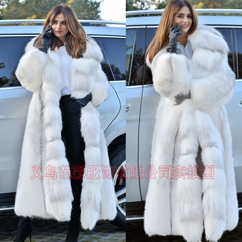 Women Faux Fox Fur Jackets Hooded Long Coat Thick Warm Fluffy Female Shaggy Overcoat High Street Autumn Winter 2025 Outerwear