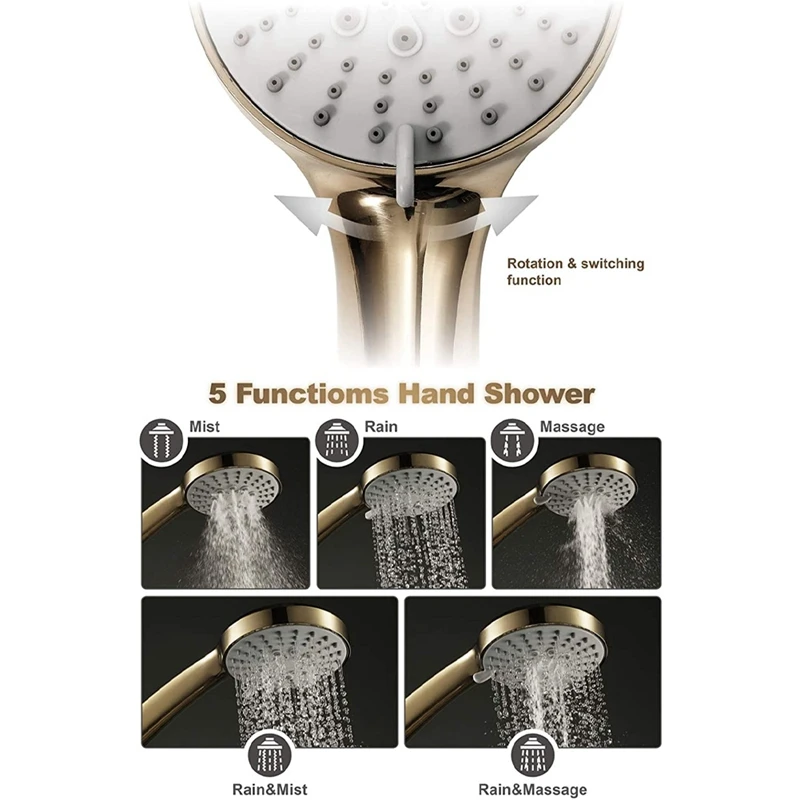 Cabezal de ducha de mano ABS de alta presión, cabezal de ducha de mano de oro cepillado, ahorro de agua, 5 funciones, lluvia