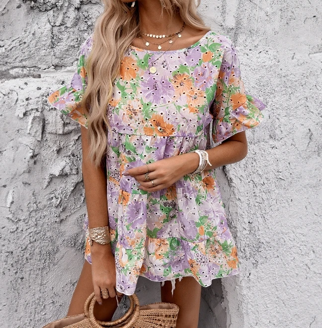 

Elegant Round Neck A-Line Skirt Printed Short Sleeved Dress with Ruffled Sleeves Pleated Hem Mini Dress with Elegant Temperament