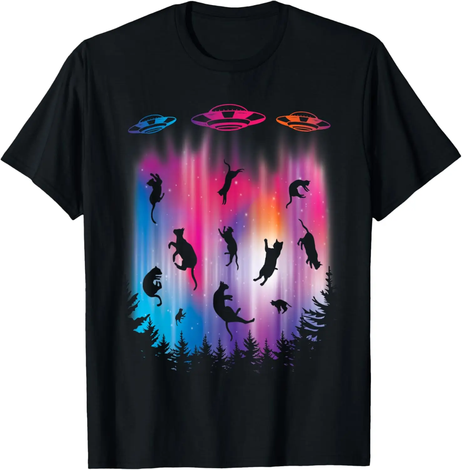 

Alien Abduction Cat UFO Northern Lights Graphic Tee Funny Cotton Short Sleeve T-Shirt