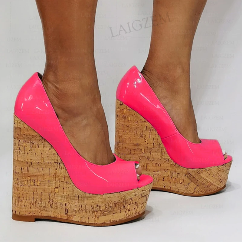 

DOHBANER/женские туфли-лодочки с открытым носком на платформе, на танкетке, блестящие сандалии без шнуровки, увеличивающие рост, женская обувь ручной работы, большой размер 42, 47 52