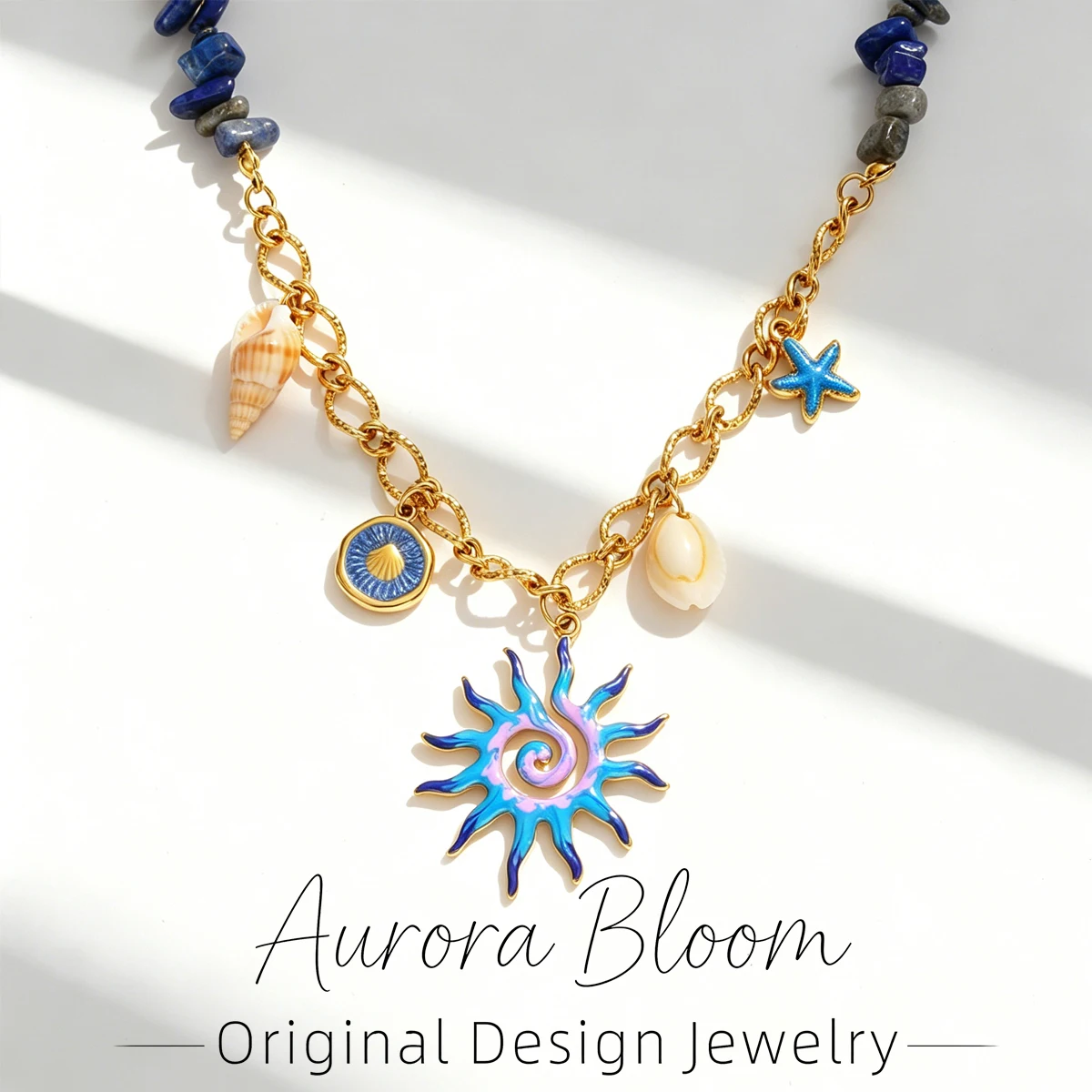 

AURORA Vintage Enamel Sun Pendant Necklace For Women's Choker Necklaces Bohemia Style Lapis Lazuli Beaded Chain Necklace Jewelry