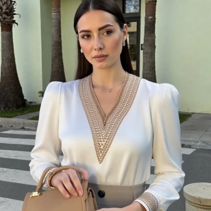 

NEW Fashion Spring Woman Blouse Stylish Autumn Office Lady Elegant Tops Lace Long Sleeve V Neck Blusas White Shirts Blouses