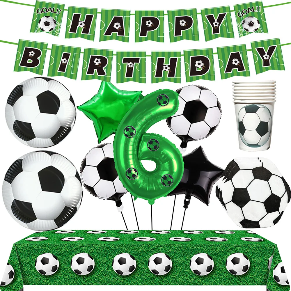 Fußball-Party-Zubehör Papier-Tischgeschirr Teller Becher Servietten Tischdecke 6. Geburtstag Nummer Fußball-Ballon-Set Geburtstagsbanner Dekoration