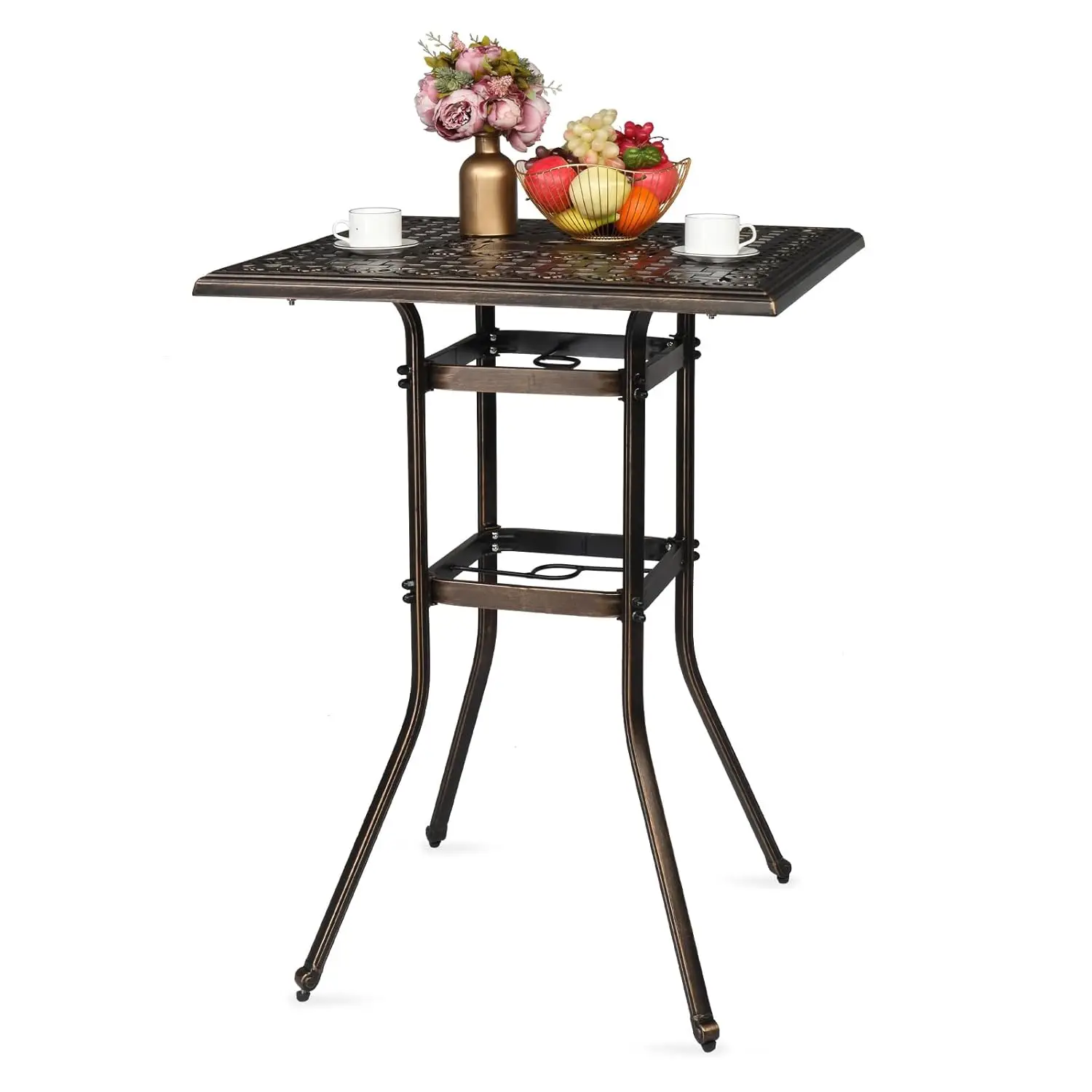 

Cast Aluminum Patio Bar Table 42" High Top Umbrella Hole Pub Bistro Square Outdoor Garden Lawn, Customized