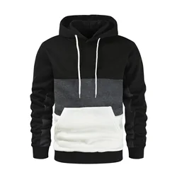 2024 Autumn/Winter Men's Fashion Casual Color blocked Hoodie with Velvet Warm Breathable Coat Outdoor Street Sports Running Wear