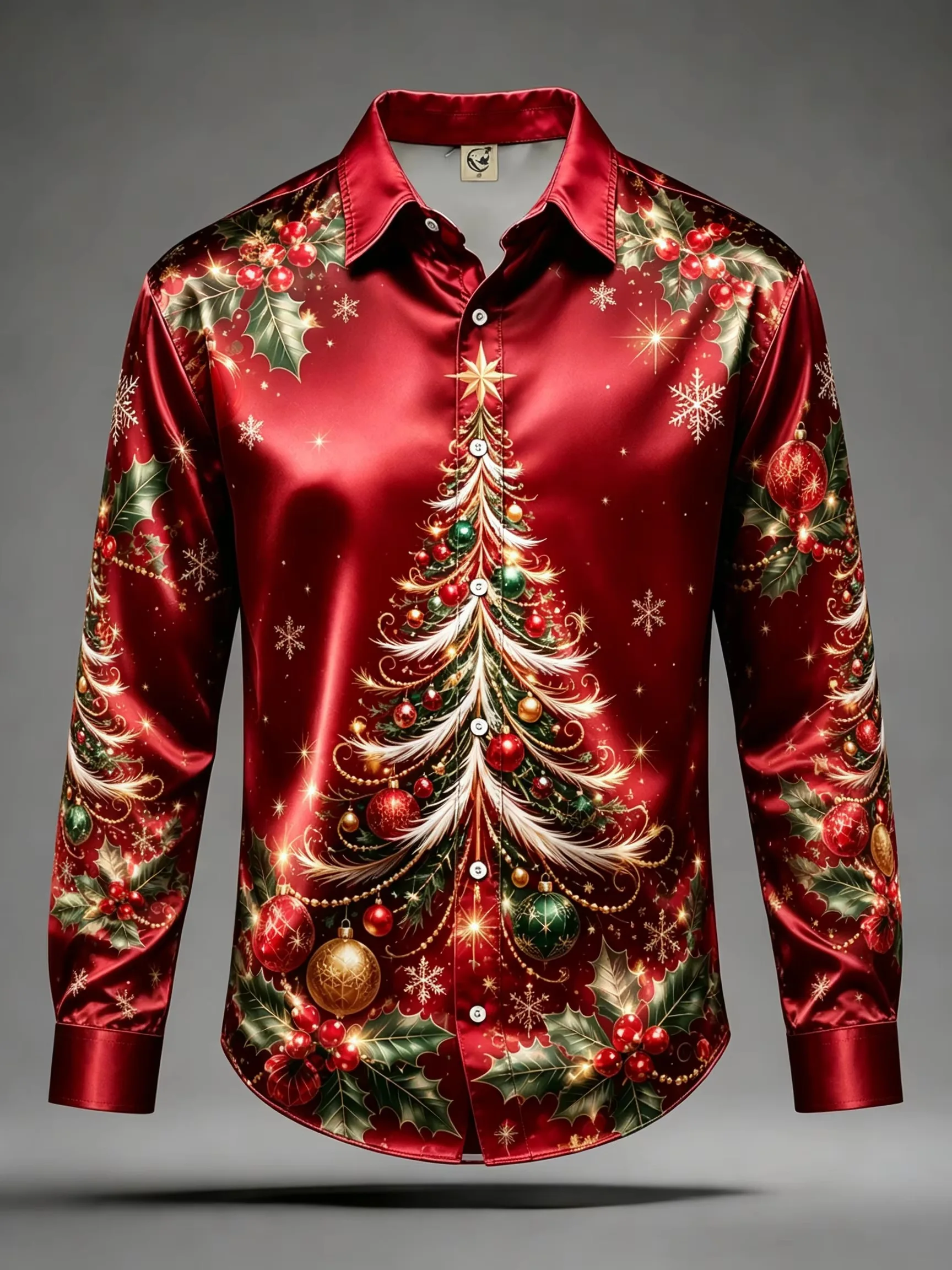 Men's Long-Sleeve Christmas Shirt Fall 2026 Christmas Tree Print Button-Down Collar Loose Fit Festive Party Streetwear Top