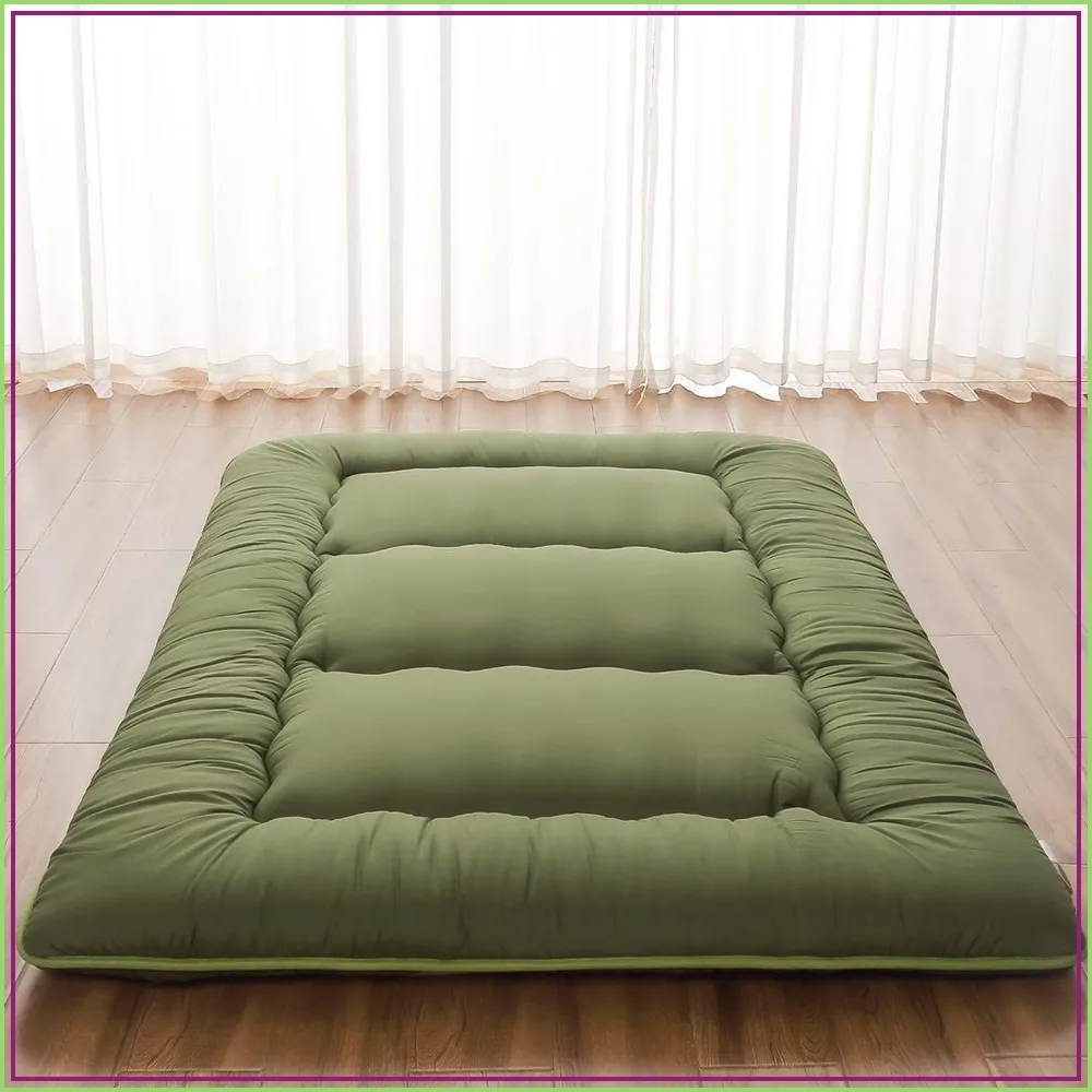 

Japanese Floor Mattress with Washable Cover, Roll Up Thick Tatami Mat for Camping, Guest Room, Twin, Green