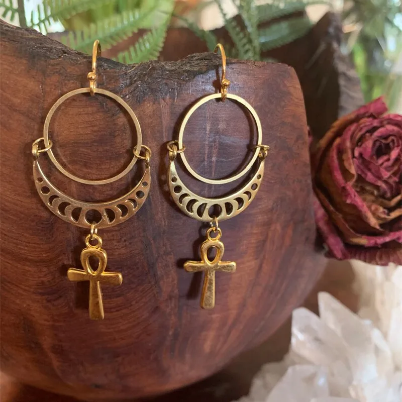 Ankh Moon Phase Earrings, Hypoallergenic Aesthetic Jewelry Handmade Creativity Novelty Jewelry Women Gift Statement Grunge