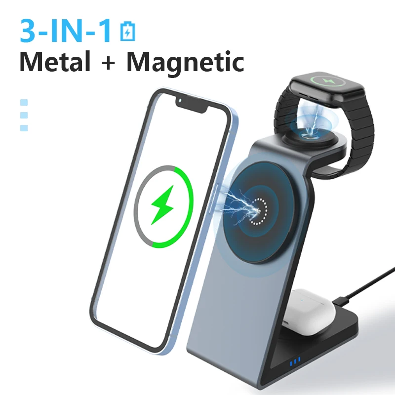 15W 3-in-1 Metal Magnetic Wireless Charger for iPhone iWatch AirPods Qi Certification Desktop Phone Holder Quick Charging Base