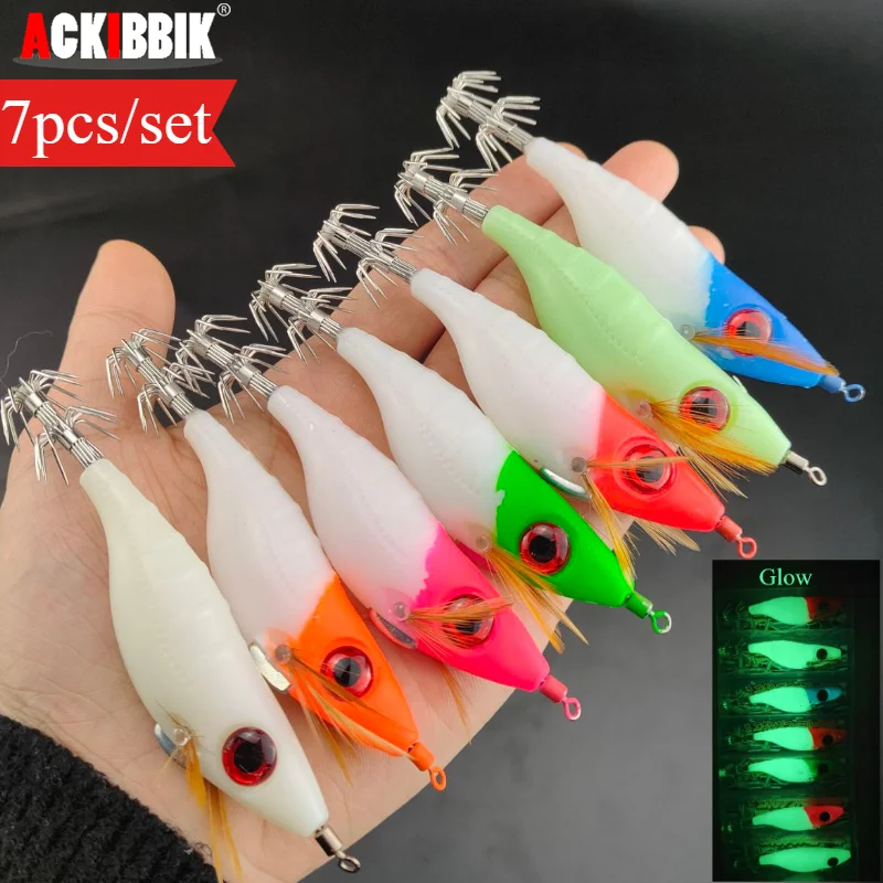 Ackibbik, 7 Uds., plantilla de calamar brillante, señuelos de calamar de agua salada, 10cm/3,94 pulgadas, señuelos luminosos de gambas, manga fluorescente de sepia, pulpo