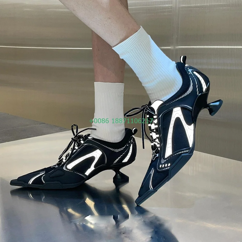 Pointed Toe Air Mesh Pumps 2024 Autumn New Fashion Women's Lace-Up Street Sports Casual Shoes Black/silver Party Weird Heel Pump