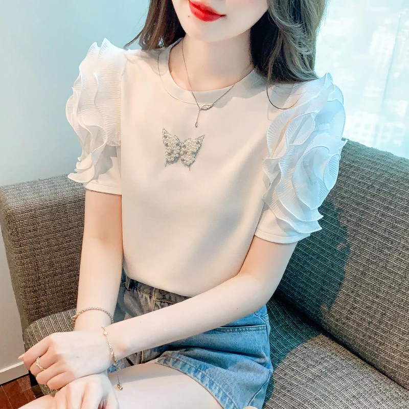 Chic Ruffle Short Sleeve O-neck Woman Tshirts Fashion O-neck Summer Blusas De Verano Mujer 2023 New Tee Tops