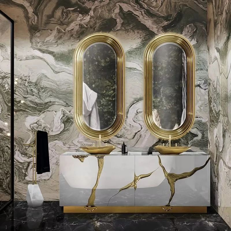 Modern Luxury Bathroom - Silver with Gold Stainless Steel Frame Portugal New Design Double Sinks Bocadolobo Lapiaz Sideboard