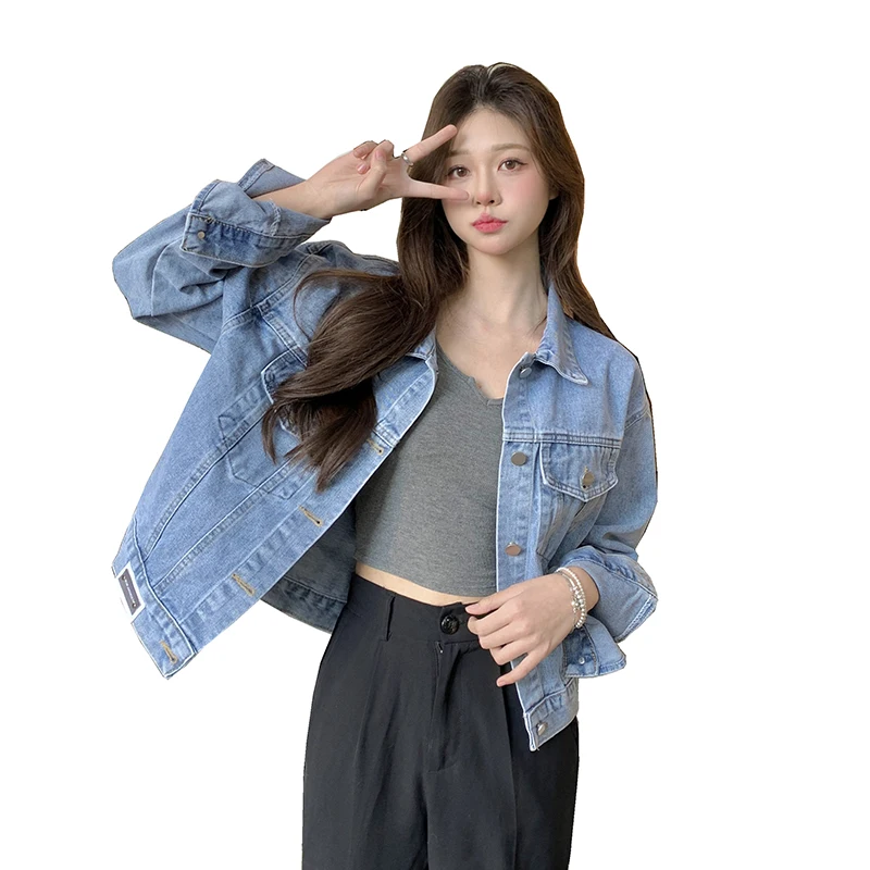 

Denim Jacket Female Harajuk 2024 Loose New Spring Short Retro Hong Kong Style Korean Slim Jacket Long Sleeve Streetwear A036