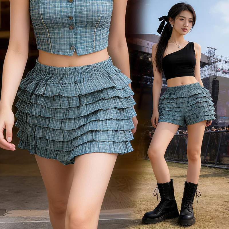 

Plaid Mini Skirt with Shorts Elastic High Waist Tierred Short Skirt Korean Fashion Summer Casual Y2K Multiple Layers JK Skirts