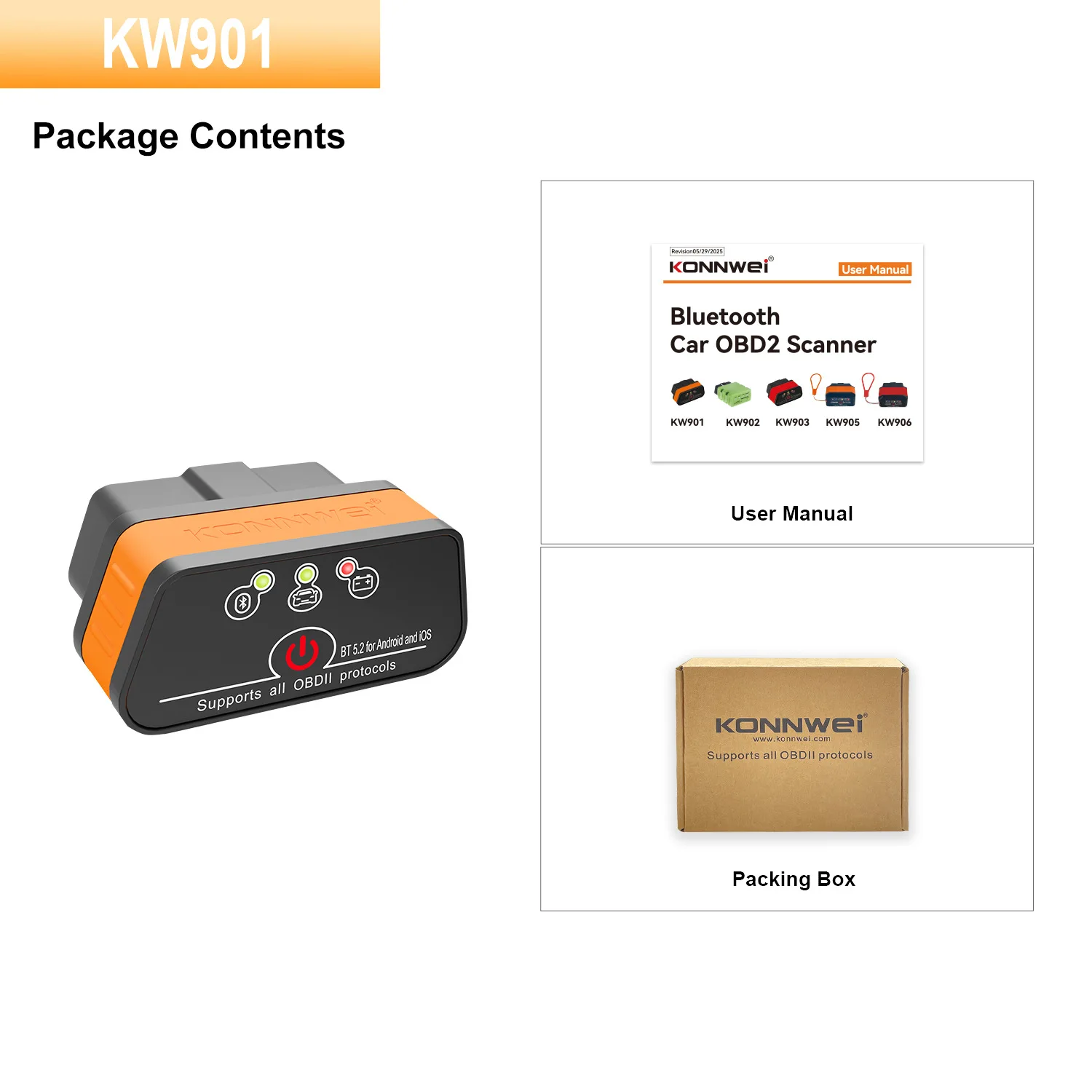 KONNWEI KW901 OBDII EOBD Vehicles Bluetooth 5.2 5.0 It Support A Variety of OBD II Apps