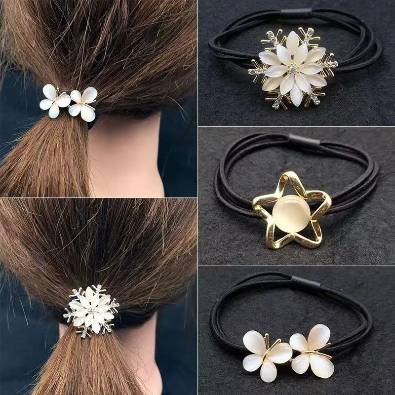 

4Pcs/set Hair Ties with Charming Cat Eye Stone - High Elastic Shiny Hair Bands for Women, Elegant Ponytail Hair Rope Holders