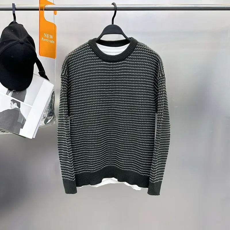 

New Autumn and Winter Sweater Pullover Gray-white Spliced Sweater Round Neck Men's Trendy Outer Contrast Knitted Sweater