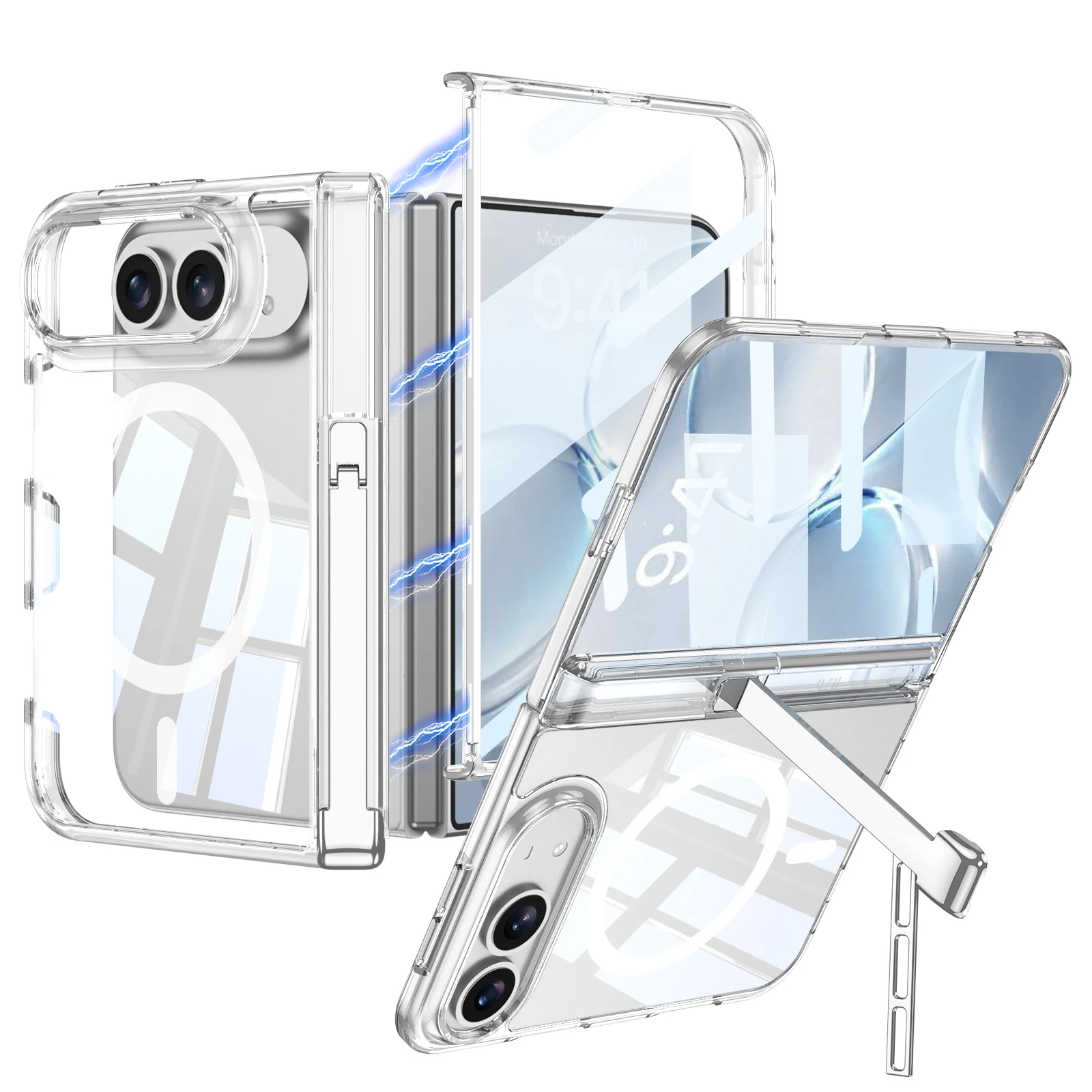For iPhone Duo Case Transparent Magnetic Wireless Charging Hinge Bracket With Tempered Glass Shockproof Back Cover Accessories